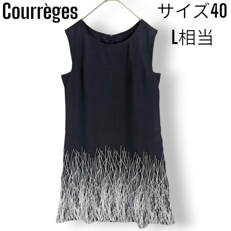 【美品】クレージュ courreges ドレス ワンピース 斜線 幾何学模様 ノースリーブ 40 レディース