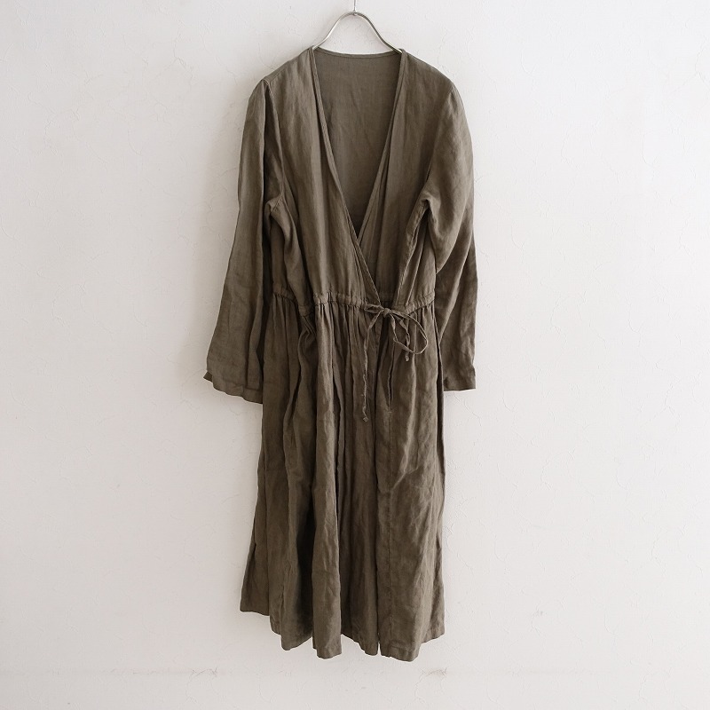 ネストローブ nest Robe *リネンドロストギャザーカシュクールワンピース*麻カーキブラウンシームポケット(2-2403-329)【20D42】