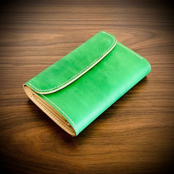 総手縫い フルレザー ミドル ウォレット 三つ折り 財布 メンズ ハンドメイド グリーン 緑 ナチュラル 生成り レザー クラフト 送料無料