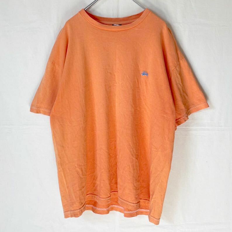 00s Old Stussy ロゴ刺繍 オールドステューシー 半袖Tシャツ 胸ロゴ ワンポイント 古着 XL オレンジ コットン メキシコ製 クルーネック