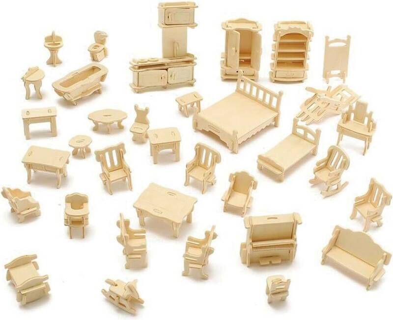 ベージュ 木製 ミニチュア家具 セット ドールハウス 簡単 組み立て キット 工具不要 おままごと 小さい家具 (ベージュ)
