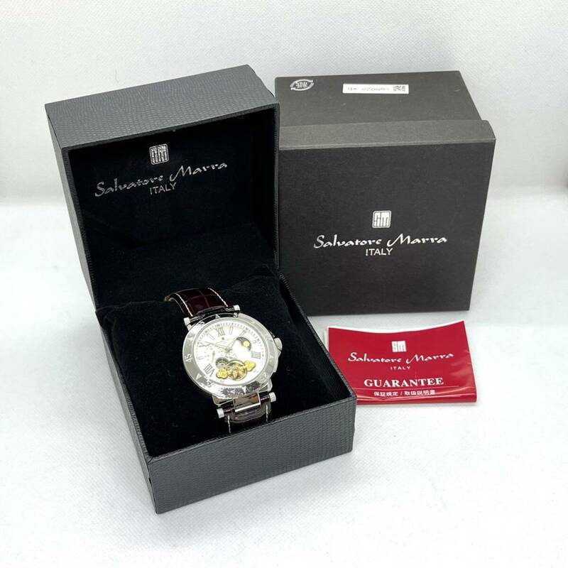 ◆未使用品【Salvatore　Marra】腕時計・サルバトーレマーラ・革ベルト・シルバーカラー・文字盤ホワイト・SM-8025SS・自動巻き
