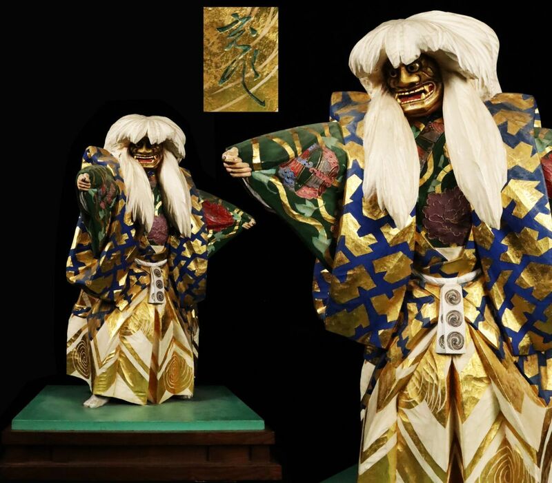 時代 仏教美術 木彫 彩色能楽人形「鏡獅子」特大高67cm 重4095g 在銘 置物 床置 寺院所蔵品[6340rp]
