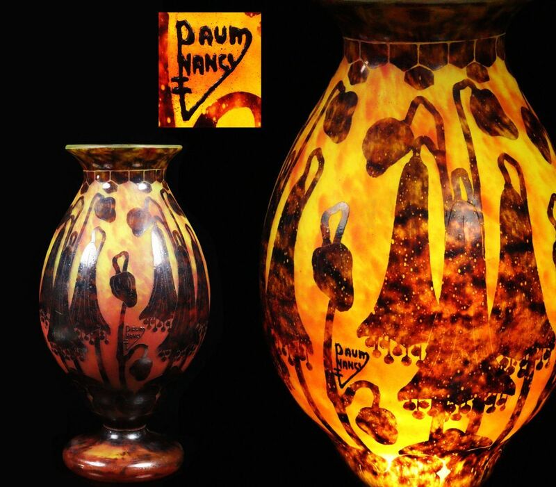 本物保証 20世紀初頭希少作品 Daum Nancy ドームナンシー 花文花瓶 超特大サイズ43cm 花器 最上作 資産家収蔵品[63247err]