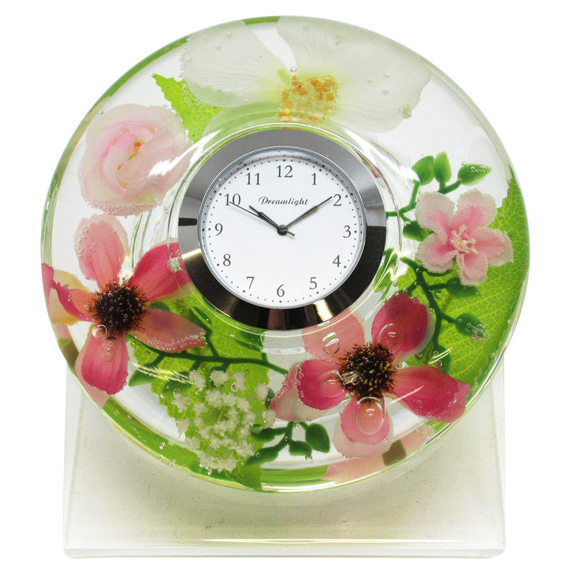 ひとつひとつをハンドメイドで仕上げた ナチュラルテイスト 置き時計 直径11×高さ4cm ロザンヌ 春の花壇を表現 花たちが微笑んでいるよう