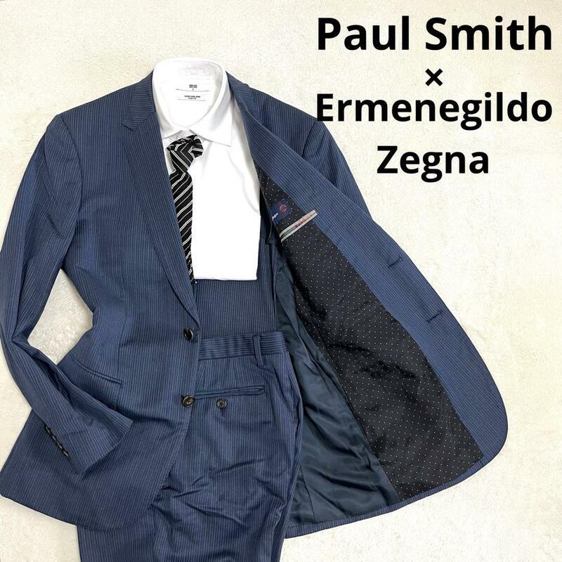 550 Paul Smith ポールスミス × Ermenegildo Zegna エルメネジルド ゼニア セットアップスーツ ブルー L 黒タグ 現行 ストライプ