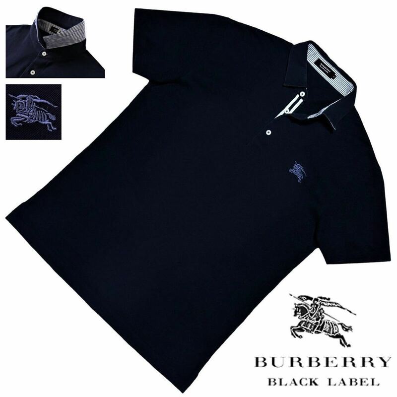 希少XL 極美品 COOLMAX 日本製 バーバリーブラックレーベル BIGホース刺繍 前立てストライプ 鹿の子 ポロシャツ 4/LL BURBERRY BLACK LABEL
