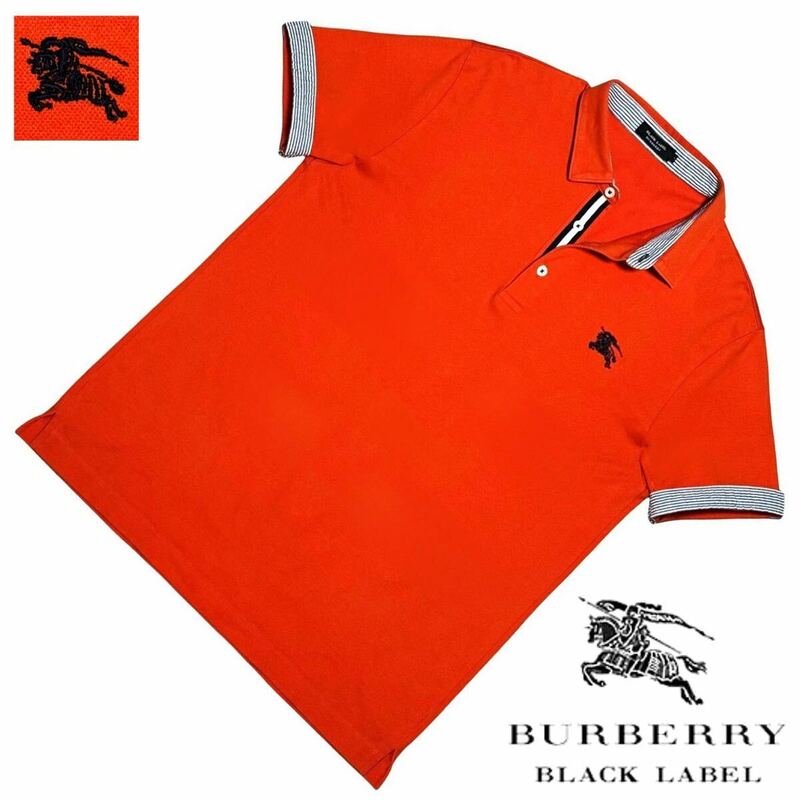 希少XL! 極美品 日本製! バーバリーブラックレーベル ホース刺繍 前立てストライプ COOLMAX 鹿の子 ポロシャツ 4/LL BURBERRY BLACK LABEL