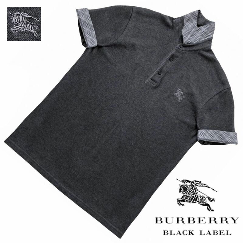 美品 バーバリーブラックレーベル BIGホース刺繍 襟袖裏ノバチェック ロールアップ 2WAY 鹿の子 半袖 ポロシャツ 2/M BURBERRY BLACK LABEL