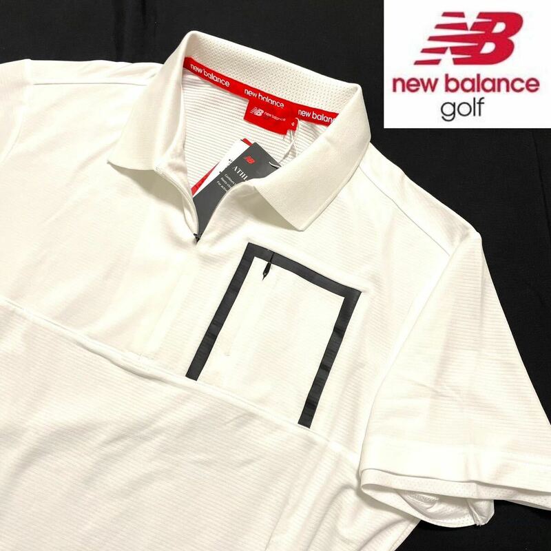 ▲B210新品【メンズ4/Mサイズ】白 new balance ニューバランスゴルフ ハーフジップポロシャツ W素材メッシュ UV 吸汗速乾 