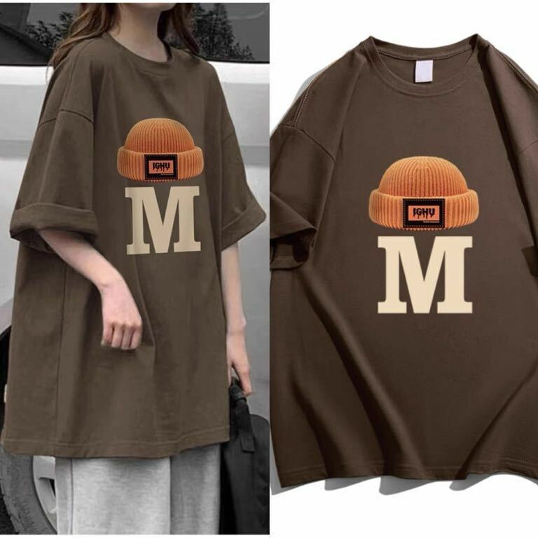 オーバーサイズ　ロング丈　tシャツ 帽子柄　ブラウン　大きいサイズ