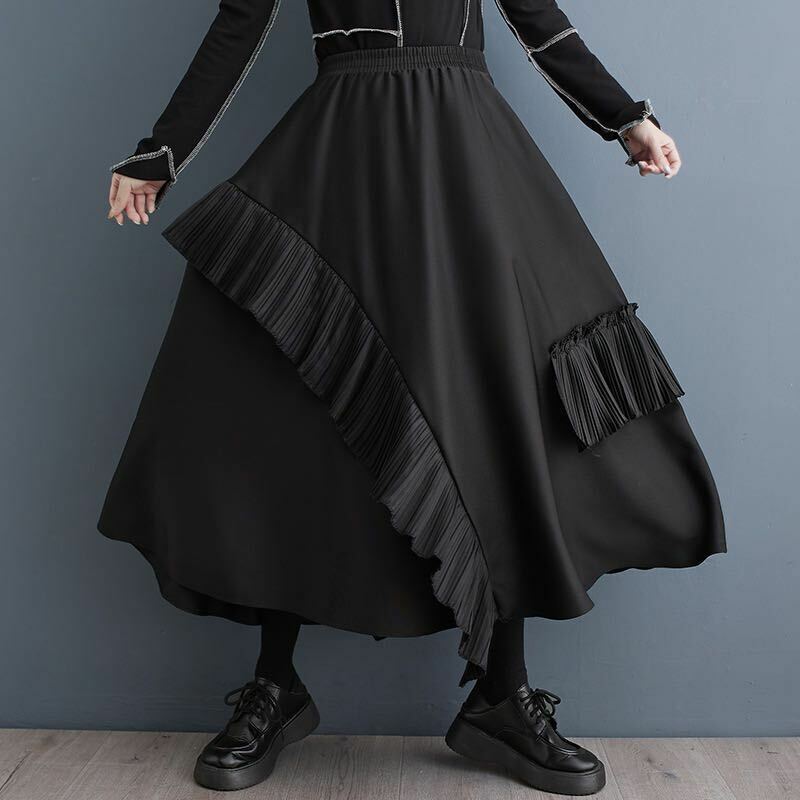ロング丈　フレア　スカート フリル付き　ブラック　大きいサイズ