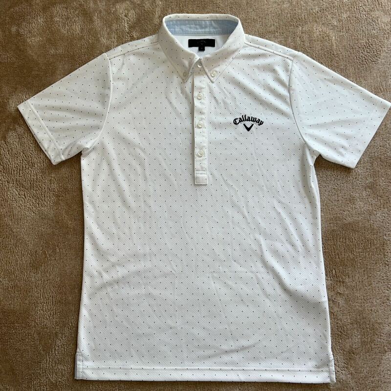 キャロウェイの半袖ボタンダウンポロシャツ ゴルフウェア メンズMサイズ　水玉総柄　白 キャロウェイゴルフ　ドット柄