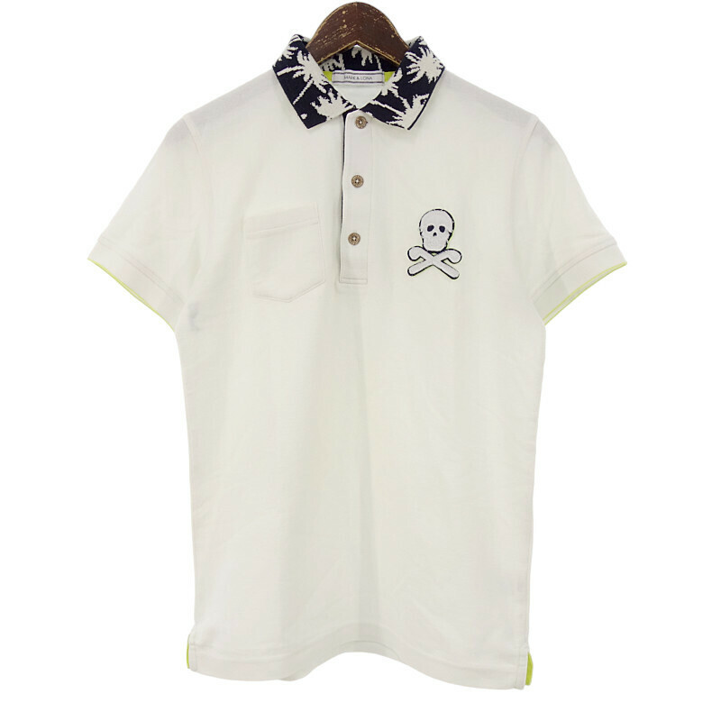 【特別価格】MARKLONA ゴルフ スカル ワッペン パームツリー 襟切替 半袖 鹿の子 ポロ シャツ ホワイト メンズS