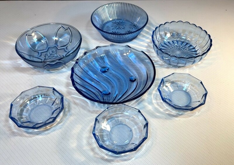 ■47 昭和レトロ 青 ブルー レトロガラス 5種 7枚セット 硝子食器 ガラスの器 古道具 雑貨