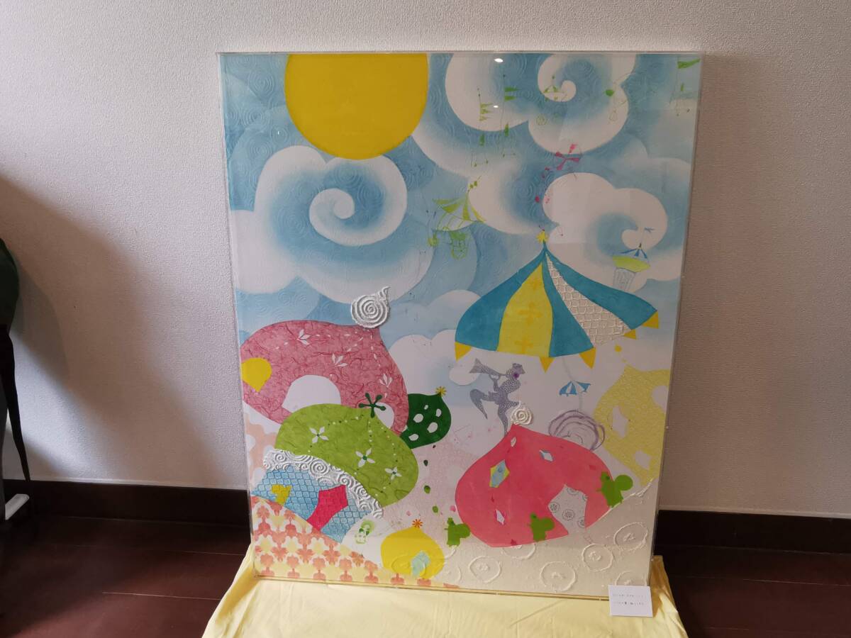 160424S82-0428S□舟田潤子 水彩、アクリル 絵画□真作保証 『snow cream circus』 50号 額装 和紙絵画 ポップアート キャンバス サーカス