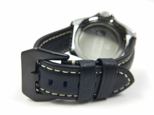 レザー製ミリタリーストラップ 本皮 交換用腕時計ベルト クイックリリース 22mm ブラックX黒
