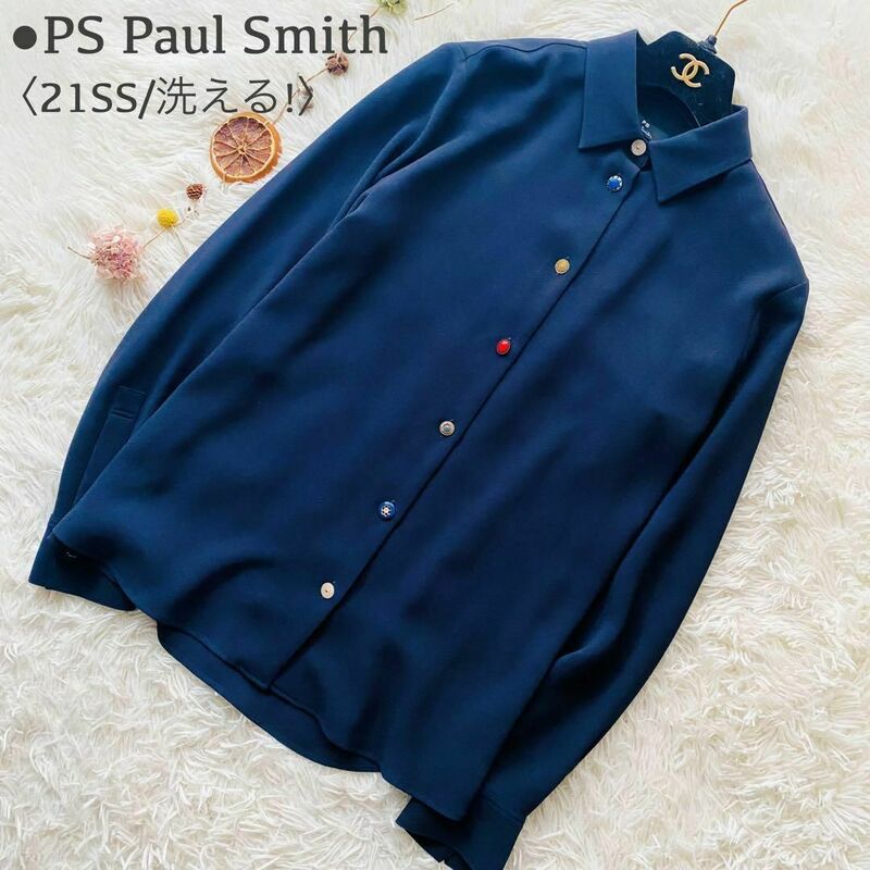 極美品 近年モデル 21SS PS Paul Smith ピーエス ポールスミス 洗える ソフトジョーゼットシャツ ブラウス カラフルボタン 長袖 ネイビー
