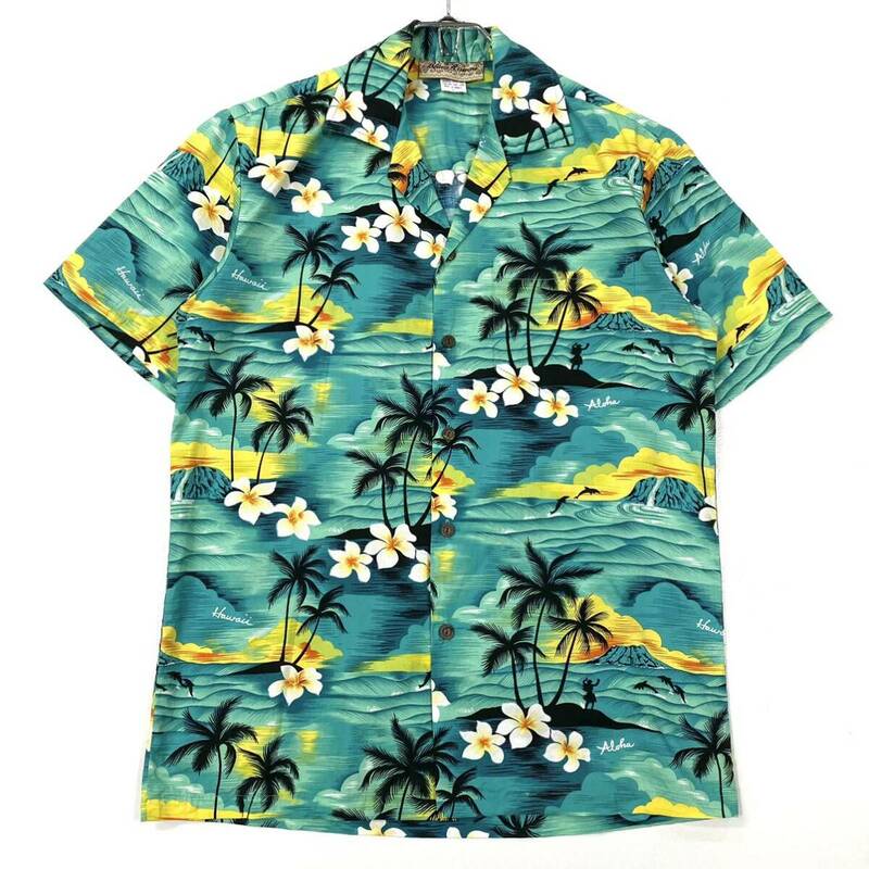 ハワイ製Blue Hawaii / アロハシャツ オープンカラー ハワイアンシャツ ビーチ パームツリー柄 メンズS グリーン系