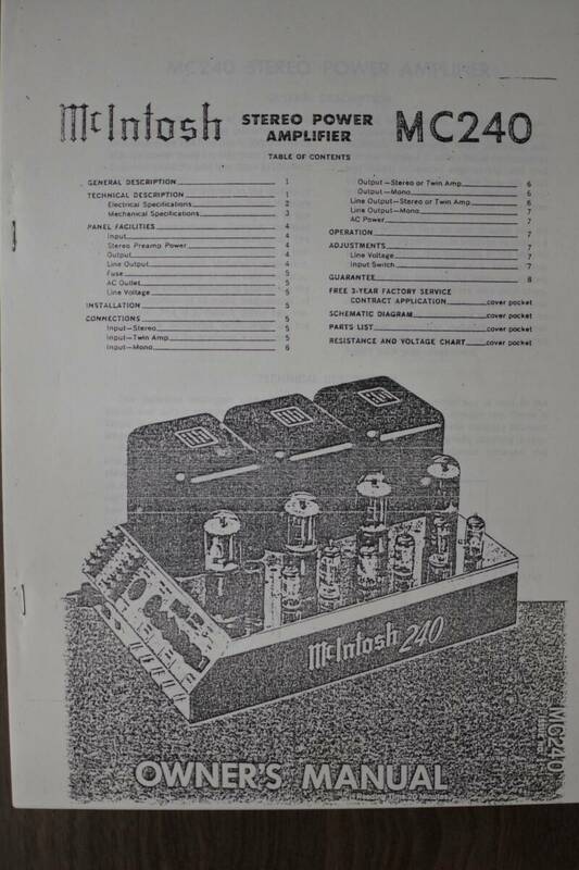 Mcintosh MC240 STEREO POWER PREAMPLIFIER　 OWNERS MANUAL