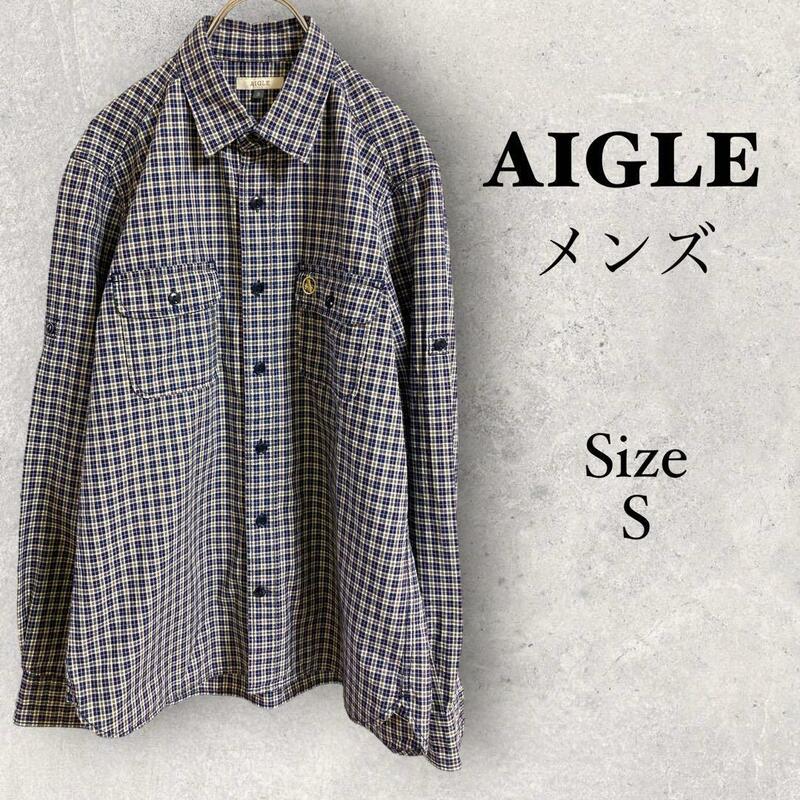 L1591 エーグル【S】AIGLE チェック柄シャツ　黒　コットン