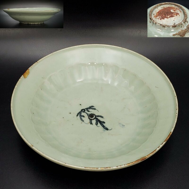 【宝蔵】中国古玩 青磁 草文 平鉢 大皿 31㎝ 中国美術 唐物 時代物