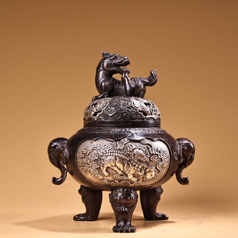 ◆古寳堂◆清 銅製 銀鍍 雙象耳 三足熏香炉 置物 賞物 極細工 古置物 古擺件 中国古美術 時代物 古董品