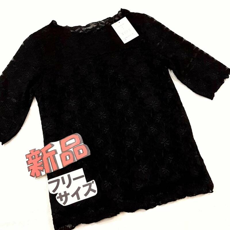 b1 新品＆送料無料★レイカズン 2900円★SEXYストレッチレース 透けるシアーネック 半袖カットソー Tシャツ シースルー★フリーサイズ 黒色