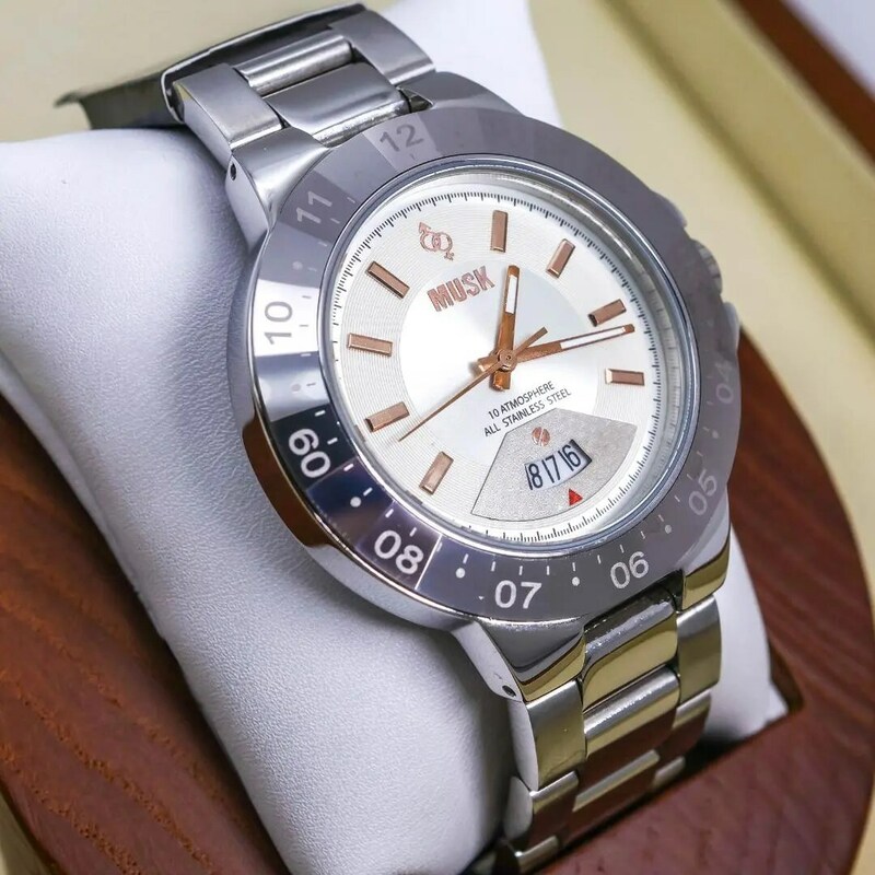 ◆美品 稼働 MUSK 腕時計 デイト タングステンベゼル 新品電池 a