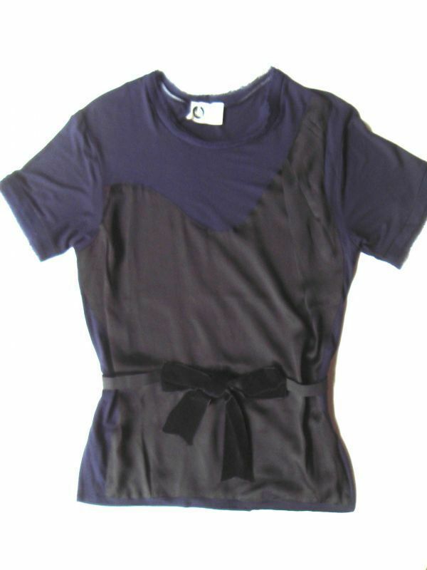 即決 送料込 美品 ランバン LANVIN トップス 半袖 カットソー Tシャツ シルク 濃紺 x 黒