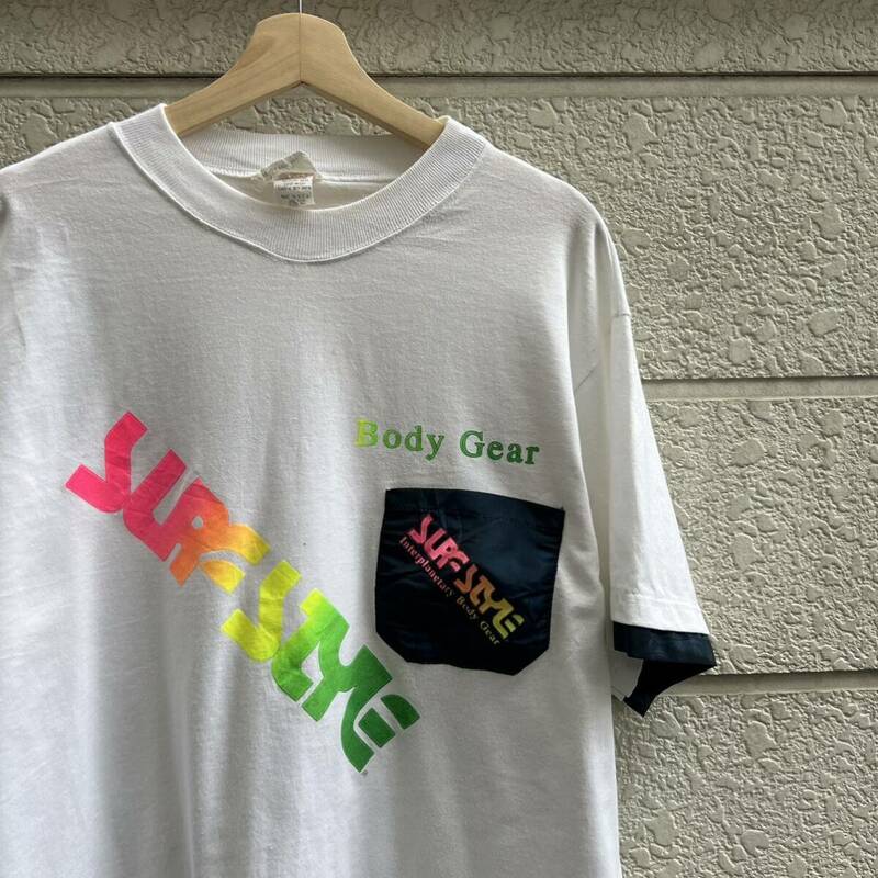 80s 90s USA製 白 プリントTシャツ 半袖 デザインTシャツ MAMACGCA 異素材 切り替え ポケT アメリカ製 古着 vintage ヴィンテージ サーフ