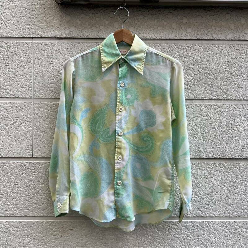 70s USA古着 総柄 長袖シャツ 柄シャツ ライトグリーン ペイズリー柄 Mather Shirts Ltd. アメリカ古着 vintage ヴィンテージ ポリシャツ