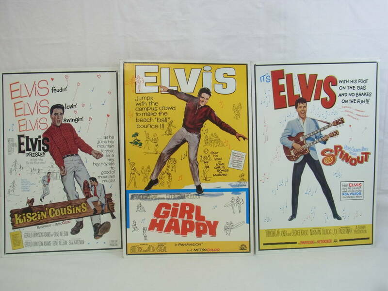 ★エルヴィス・プレスリー エンボスサイン 3枚セット Elvis Presley Kissin’ Cousins Girl Happy Spinout レトロ ブリキ 映画 現状 80