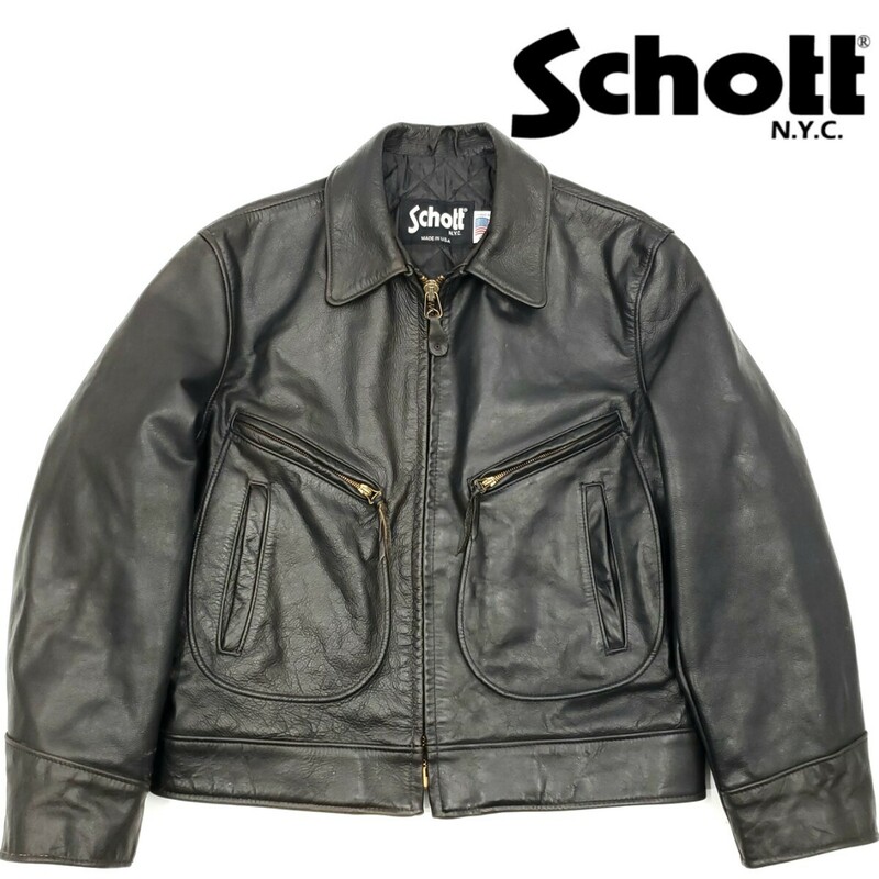 希少USA製#637◆Schott◆42レザーライダースジャケット黒メンズXL本革ショット本皮シングルポリスマンライディング革ジャンアメリカ製 768