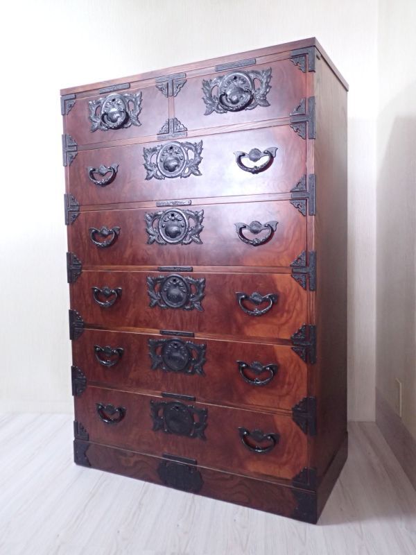 豊3F477/家〇岩谷堂箪笥 民芸家具 漆塗 華塗 箪笥 タンス チェスト 収納 キャビネット 6段 六配整理 鍵付 良品〇