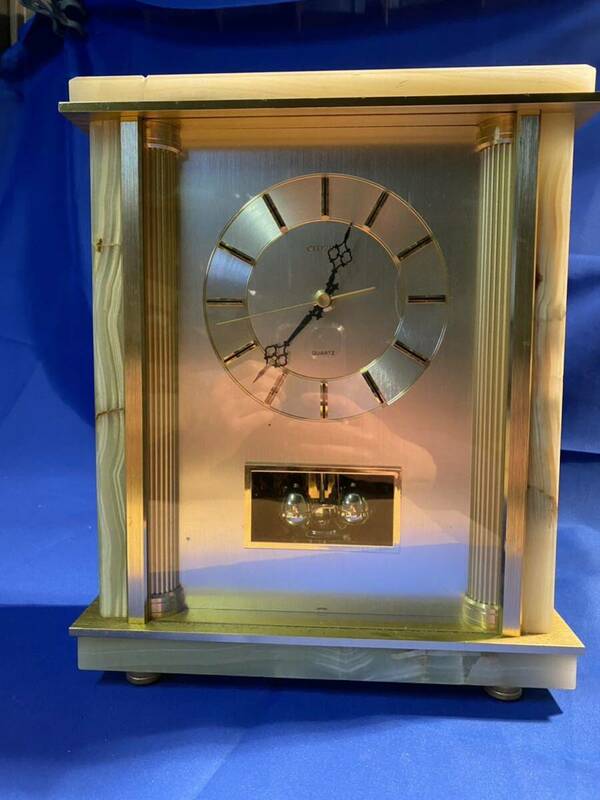 《動作品》シチズン 置時計 QUARTZ 大理石 回転飾り　時報（ボリューム調整可）昭和レトロ アンティーク ゴールド マーブル marble