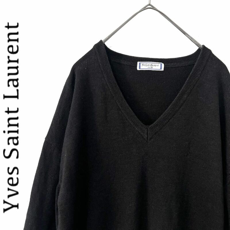 【送料無料】YSL イブサンローラン　ワンポイント ロゴ刺繍　ニット　セーター　メンズ　L ブラック　黒　Yves Saint Laurent