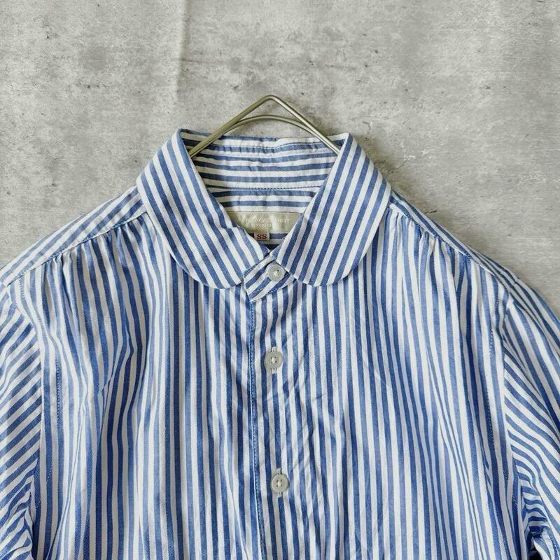モリカゲシャツ 丸襟コットンストライプワンピース 5分丈 SSサイズ 白×青