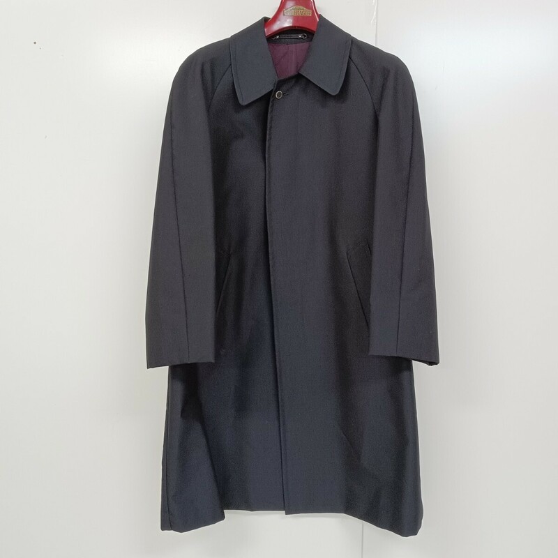 H11 美品 LANVIN ランバン 紳士 コート ロングコート シングル 黒 メンズ アウター 比翼釦 シンプル ウール50/ポリ35/絹15 記名あり