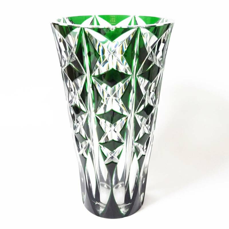 サンルイ 約39cm 大型フラワーベース 花瓶 花入 緑被せ グリーン クリスタルガラス SAINT LOUIS 120サイズ発送 KK-2633620-206-mrrz