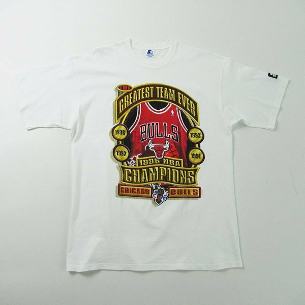 r4a053110★90s STARTER 90年代 NBA CHICAGO BULLS シカゴブルズ プリント Tシャツ 白 メンズ L