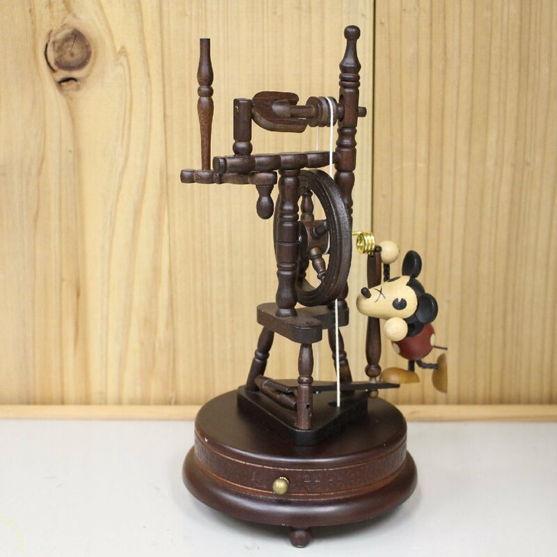186)木製からくり人形 ディズニー ミッキーマウス オルゴール 糸車 置物 かわいい モダン インテリア