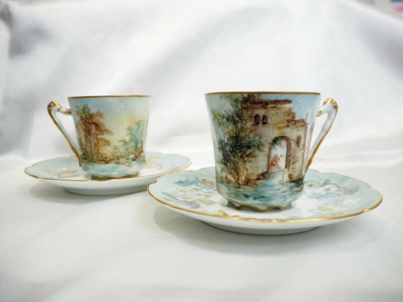 ◆現品のみ◆リモージュ/LIMOGES PORCELAINE FRANCE デミタス カップ&ソーサー 2客セット (検索：金彩 jeint a la maｍ アンテーク）73169