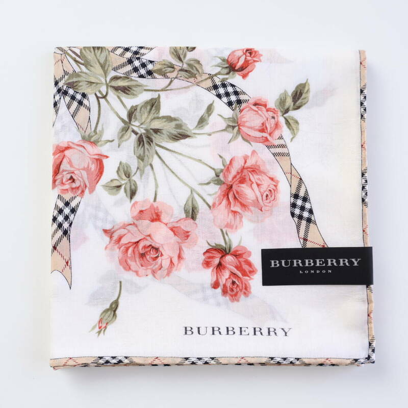 ■未使用　BURBERRY バーバリー　大判　ハンカチ　花柄　ふちチェック　地模様■