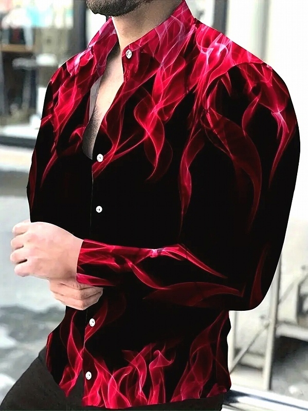 (5月下旬入荷) 炎柄 長袖シャツ 黒赤 064 Yシャツ ドレスシャツ ヤクザ ヤンキー オラオラ系 ホスト スーツ 服 派手 メンズ ファッション