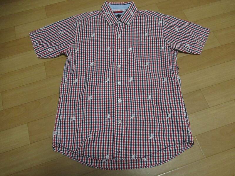 ★597 トミーヒルフィガー　お洒落な刺繍×チェック半袖BDシャツ S