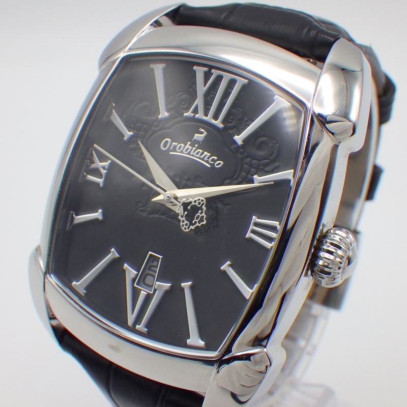 C24-646 Orobianco オロビアンコ OR-0012N メンズ腕時計 デイト レクタンギュラー クォーツ式 ブラック文字盤 アナログ 革ベルト 稼働品