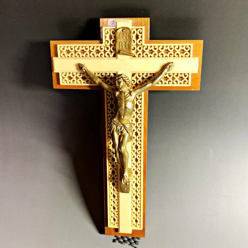 フランス アンティーク イエス キリスト 十字架 像 クロス インリ INRI 木製 高さ24㎝ 壁掛け 磔刑像 聖品 聖 ヴィンテージ 祈り 