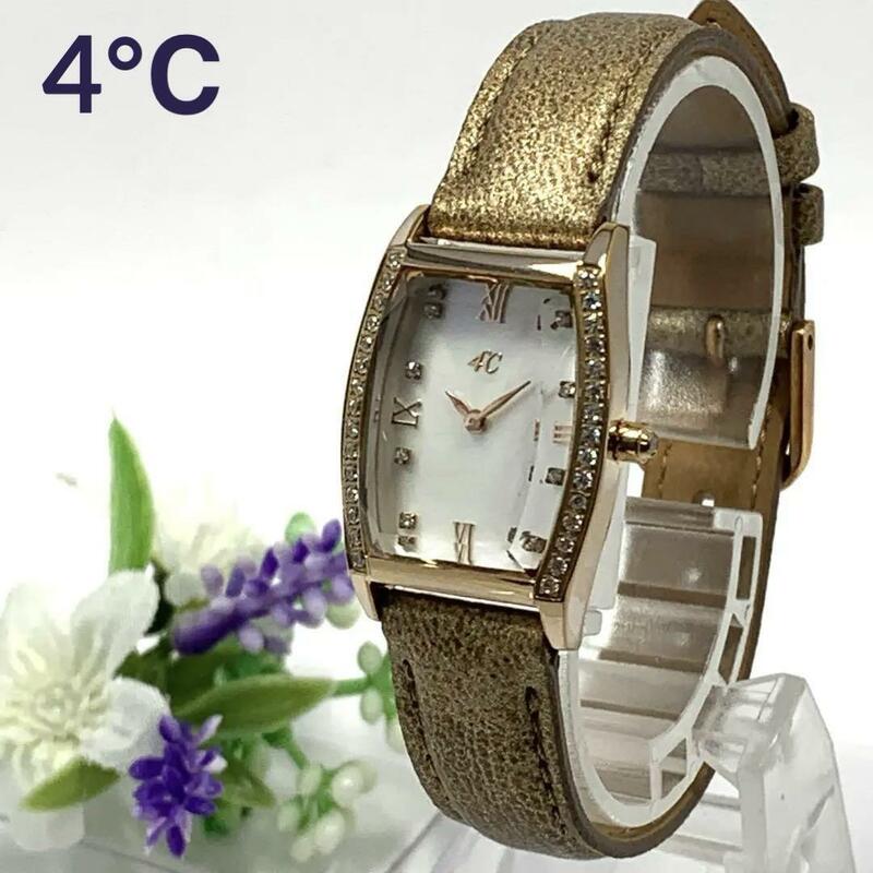 357 4℃ ヨンドシー レディース 腕時計 シェル文字盤ホワイト カットガラス ストーン クオーツ式 新品電池交換済 人気 希少