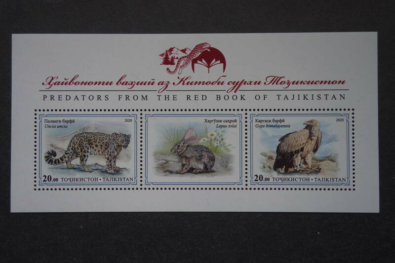 外国切手： タジキスタン切手「タジキスタンのレッドブックに載る肉食動物」（ ユキヒョウ ほか）小型シート ① 未使用